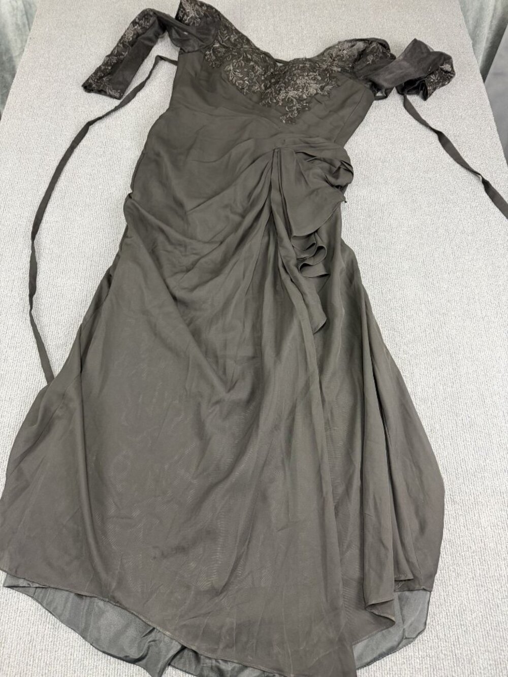 Party Prom Dress Black Lace Floral Embroidery Ruched Off-Shoulder Dress M NWT